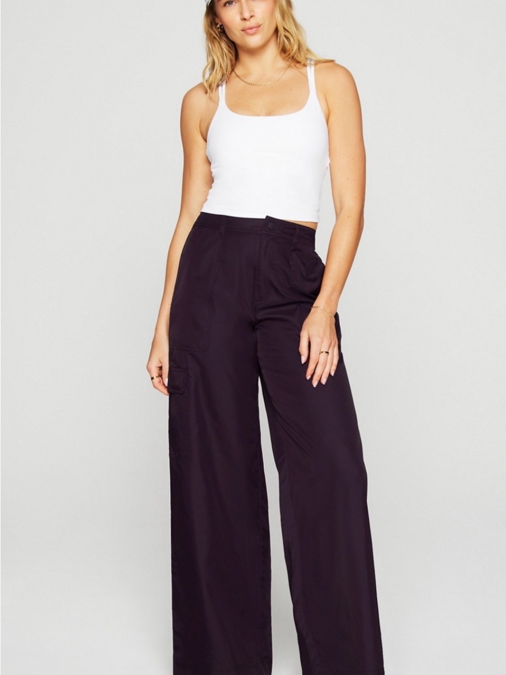 NWT Fabletics Cargo Wide Leg Pants, Deep Plum Purple, Size M - Picture 2 of 5